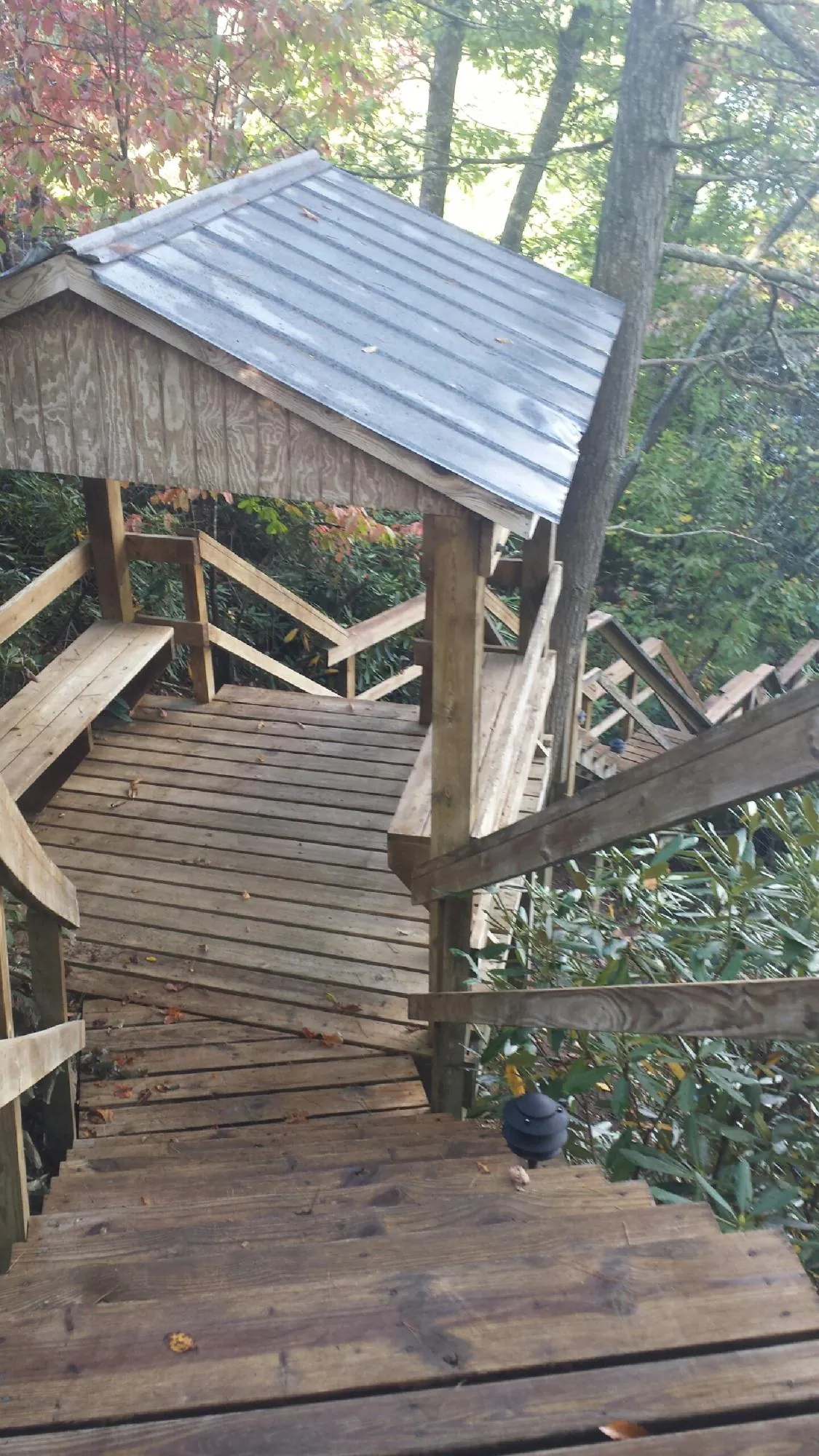 Metal roofed shelter over wooden steps on a wooded walkway — Skylight Repair & Installation work by our crew in Lyndora